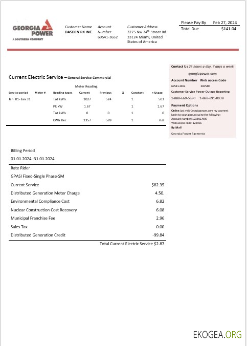 Modèle de facture de services publics d'entreprise USA Georgia Power aux formats Word et PDF, entièrement modifiable
